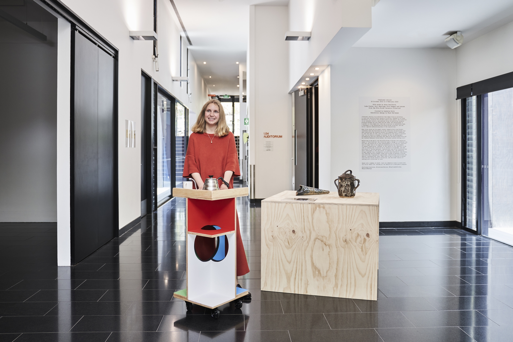 Citational Choices by Isabelle Sully at the La Trobe Institute. Amelia Wallin is pictured with the trolley from 'Afternoon Tea at 4:00pm'. Photo by Leon Schoots.